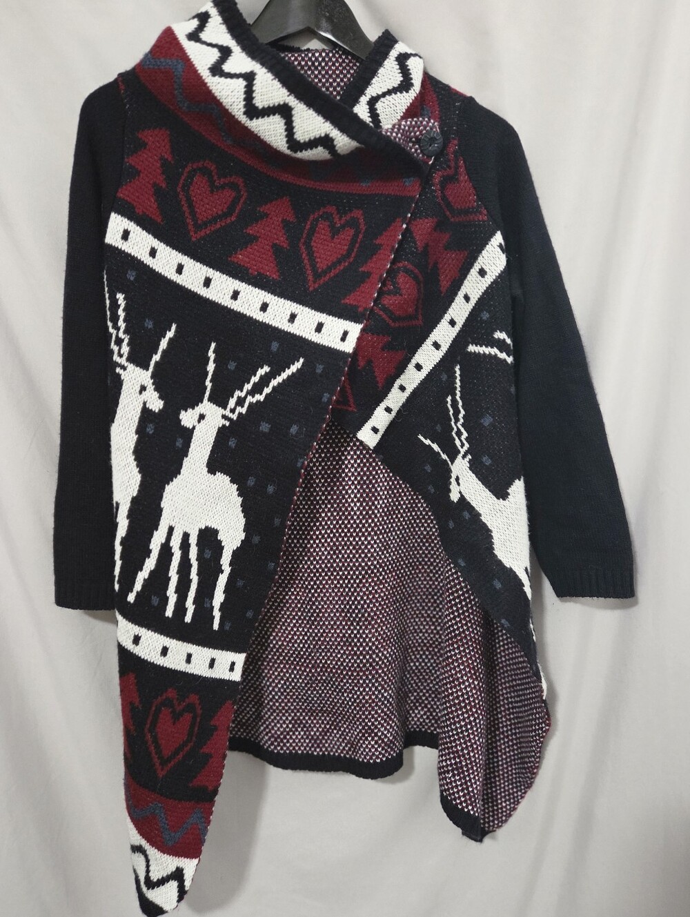 Navy Reindeer Fair Isle Asymmetrical Wrap Cardigan